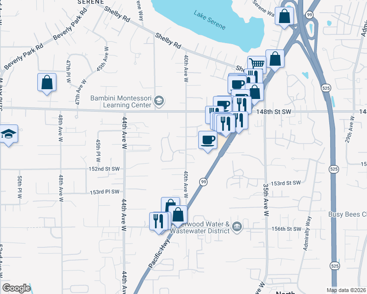 map of restaurants, bars, coffee shops, grocery stores, and more near 15016 40th Avenue West in Lynnwood
