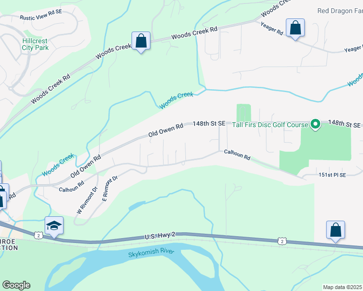 map of restaurants, bars, coffee shops, grocery stores, and more near 21205 Calhoun Road in Monroe
