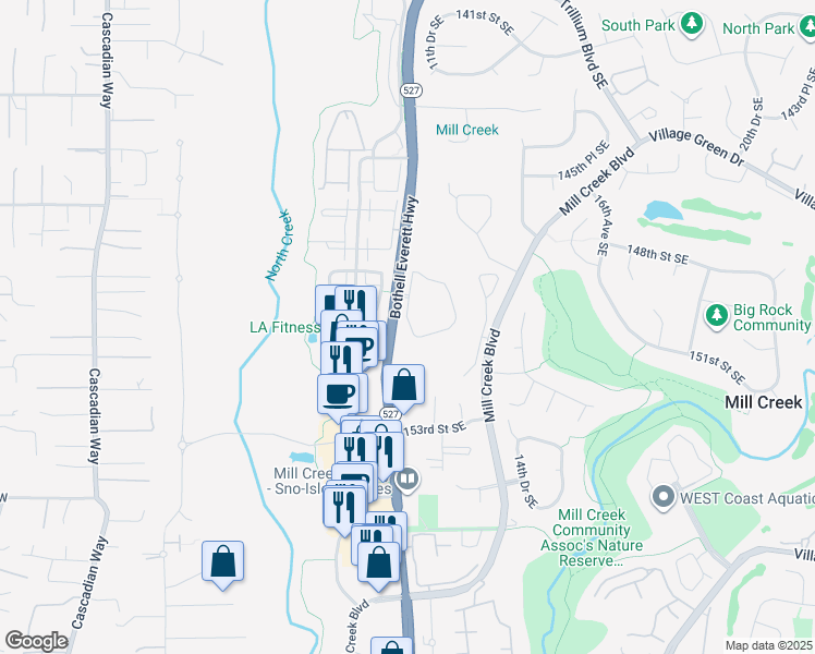 map of restaurants, bars, coffee shops, grocery stores, and more near 1006 149th Street Southeast in Mill Creek