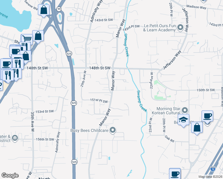 map of restaurants, bars, coffee shops, grocery stores, and more near 15014 Old Manor Way in Lynnwood