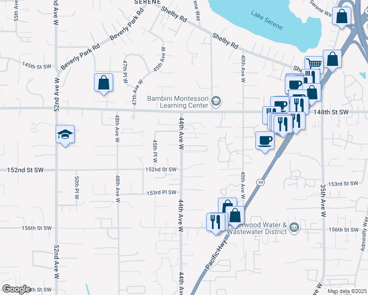 map of restaurants, bars, coffee shops, grocery stores, and more near 14931 44th Avenue West in Lynnwood