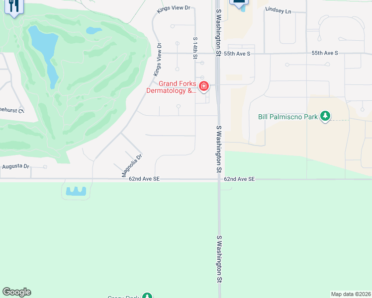 map of restaurants, bars, coffee shops, grocery stores, and more near 6000 South Washington Street in Grand Forks