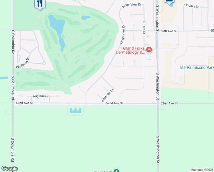 map of restaurants, bars, coffee shops, grocery stores, and more near Kings View Drive in Grand Forks