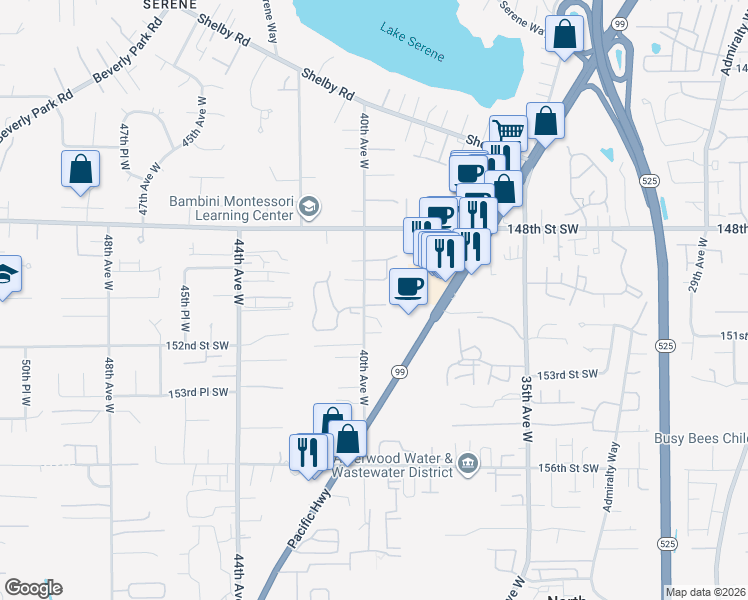 map of restaurants, bars, coffee shops, grocery stores, and more near 15003 40th Avenue West in Lynnwood