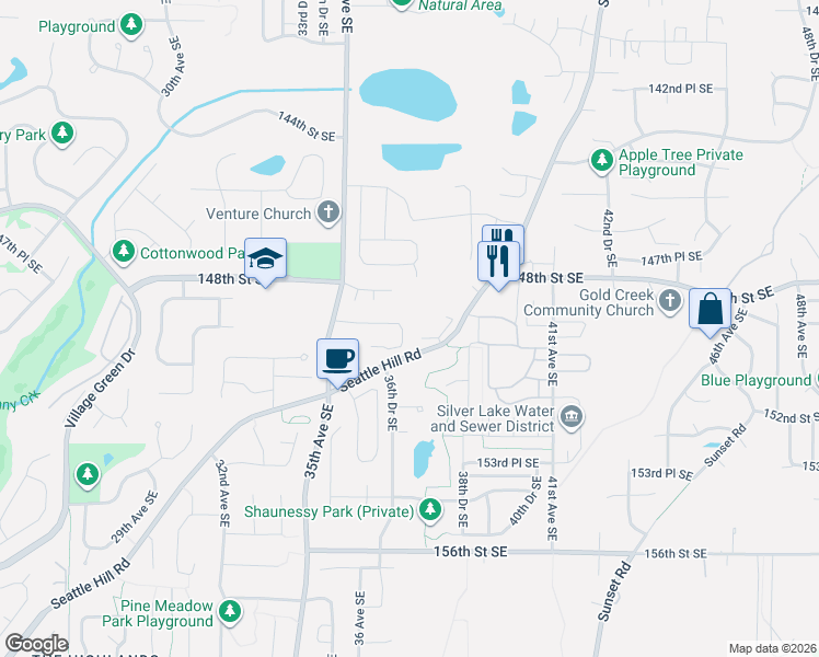 map of restaurants, bars, coffee shops, grocery stores, and more near 14915 36th Drive Southeast in Mill Creek
