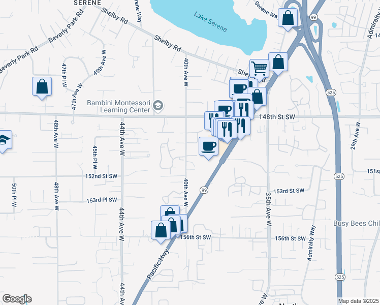 map of restaurants, bars, coffee shops, grocery stores, and more near 15003 40th Avenue West in Lynnwood