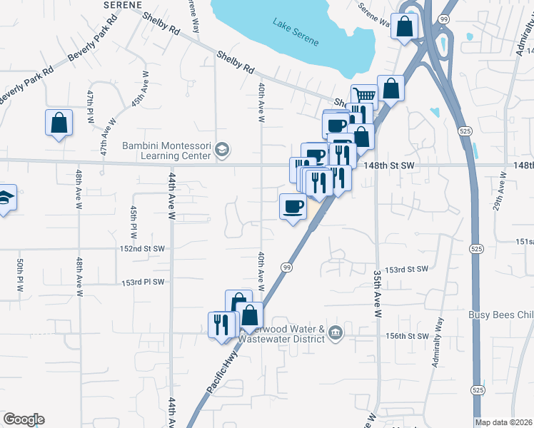 map of restaurants, bars, coffee shops, grocery stores, and more near 15003 40th Avenue West in Lynnwood