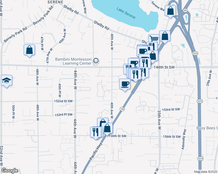 map of restaurants, bars, coffee shops, grocery stores, and more near 15003 40th Avenue West in Lynnwood