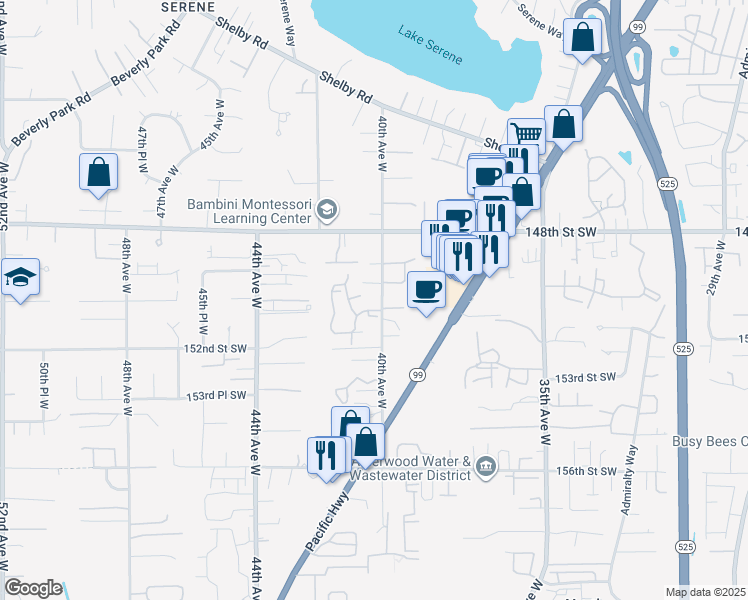 map of restaurants, bars, coffee shops, grocery stores, and more near 15003 40th Avenue West in Lynnwood
