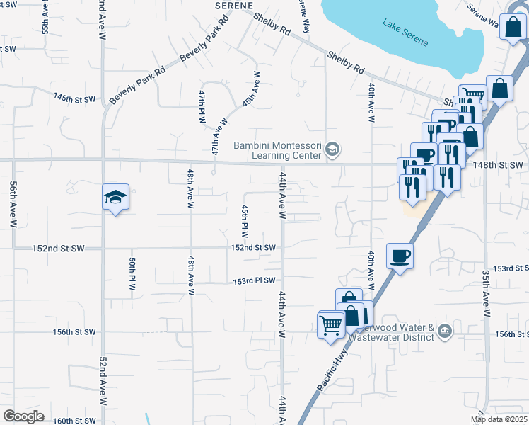 map of restaurants, bars, coffee shops, grocery stores, and more near 4826 150th Street Southwest in Lynnwood