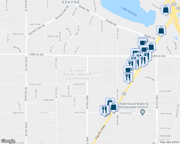 map of restaurants, bars, coffee shops, grocery stores, and more near 14931 44th Avenue West in Lynnwood