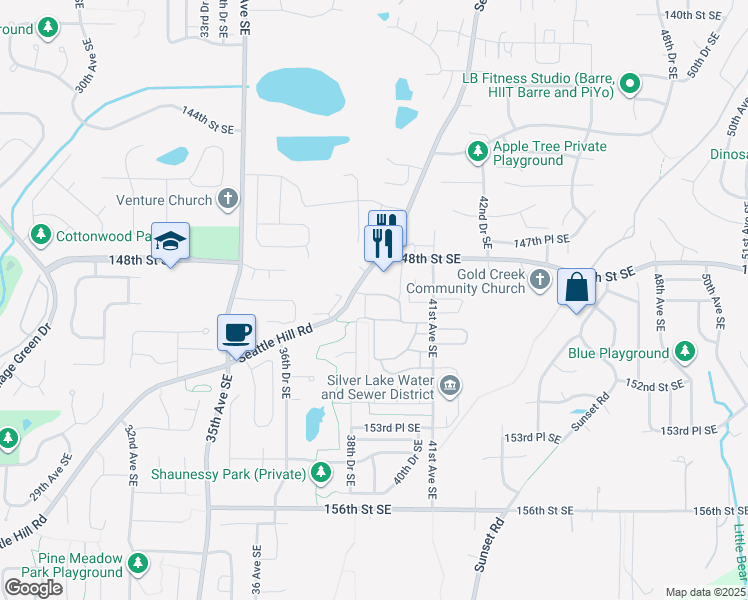 map of restaurants, bars, coffee shops, grocery stores, and more near 14915 38th Drive Southeast in Bothell
