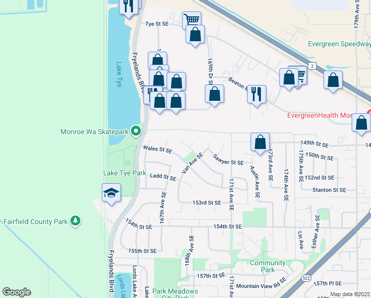 map of restaurants, bars, coffee shops, grocery stores, and more near 16779 Wales Street Southeast in Monroe