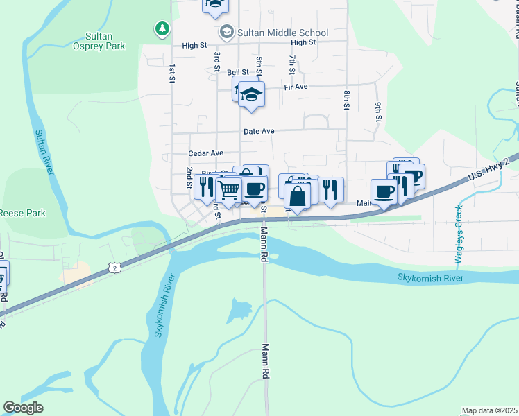 map of restaurants, bars, coffee shops, grocery stores, and more near 409 West Stevens Avenue in Sultan