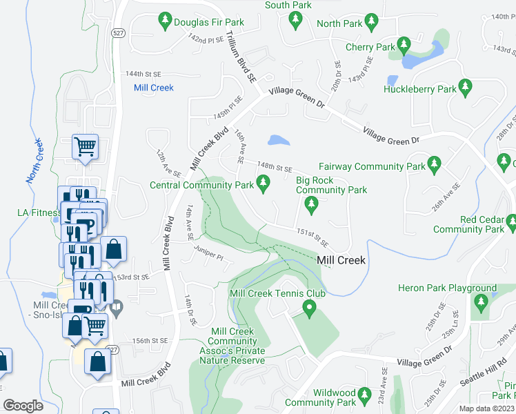 map of restaurants, bars, coffee shops, grocery stores, and more near 15003 16th Avenue Southeast in Mill Creek