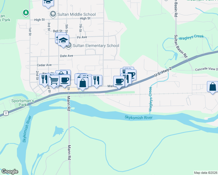 map of restaurants, bars, coffee shops, grocery stores, and more near 805 U.S. 2 in Sultan