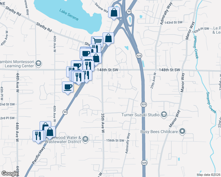 map of restaurants, bars, coffee shops, grocery stores, and more near 15001 35th Avenue West in Lynnwood