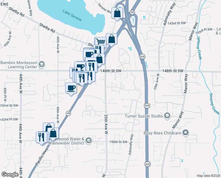 map of restaurants, bars, coffee shops, grocery stores, and more near 15015 35th Avenue West in Lynnwood