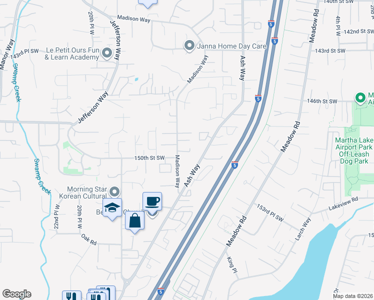 map of restaurants, bars, coffee shops, grocery stores, and more near 1319 149th Place Southwest in Lynnwood