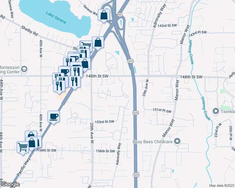 map of restaurants, bars, coffee shops, grocery stores, and more near 15001 35th Avenue West in Lynnwood