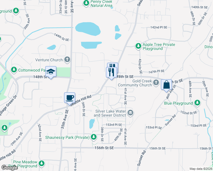 map of restaurants, bars, coffee shops, grocery stores, and more near 14915 38th Drive Southeast in Mill Creek