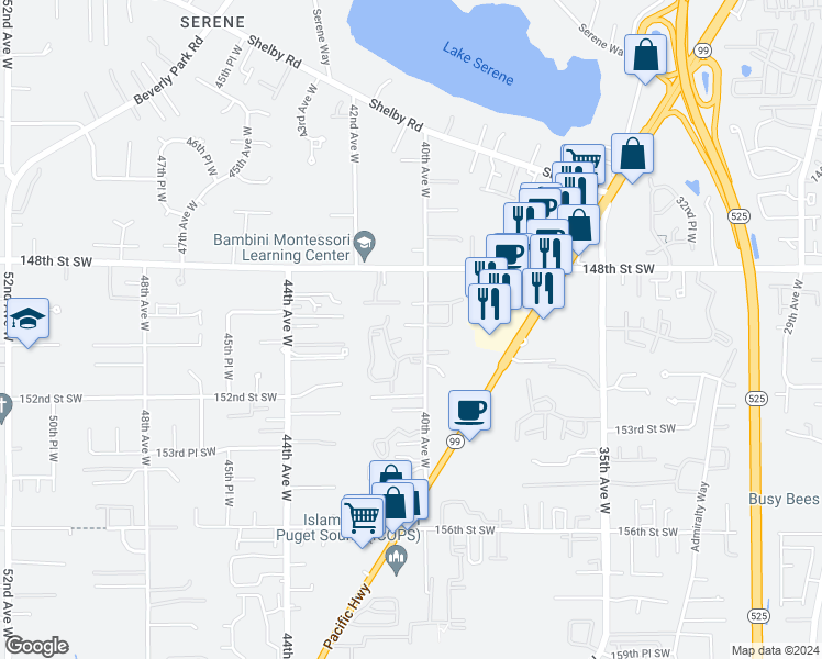map of restaurants, bars, coffee shops, grocery stores, and more near 15003 40th Avenue West in Lynnwood
