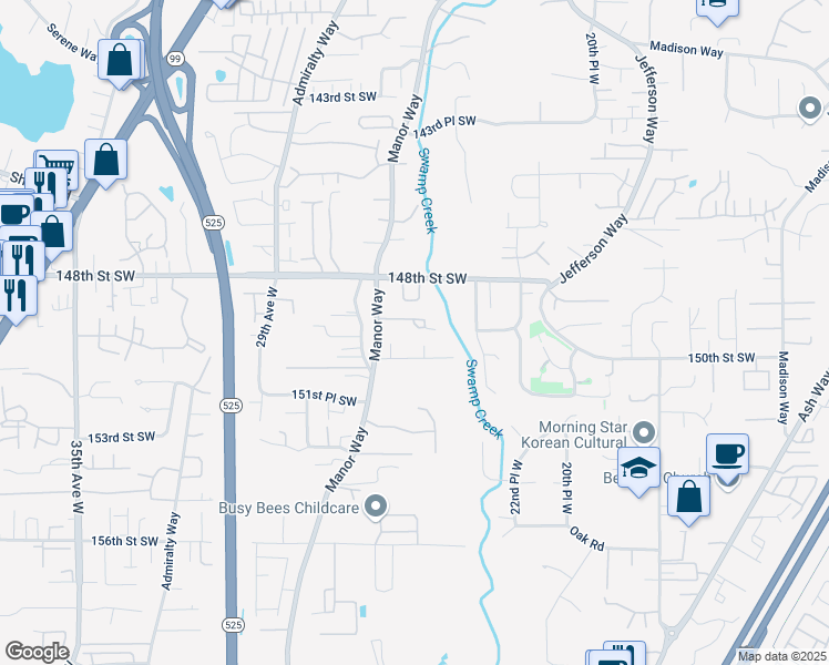 map of restaurants, bars, coffee shops, grocery stores, and more near 2521 150th Place Southwest in Lynnwood