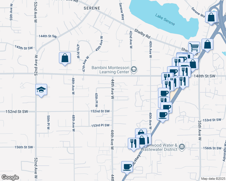 map of restaurants, bars, coffee shops, grocery stores, and more near 4329 148th Street Southwest in Lynnwood