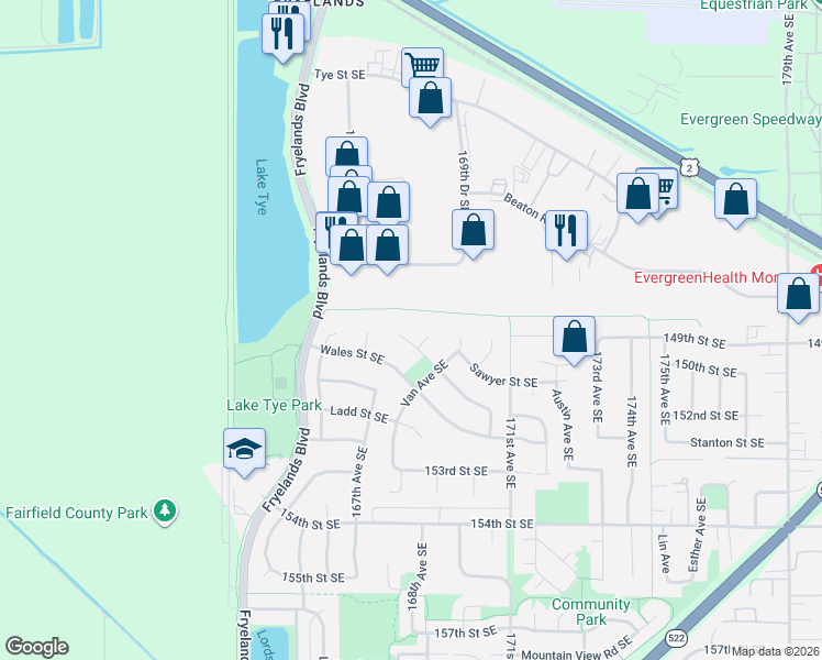 map of restaurants, bars, coffee shops, grocery stores, and more near 16797 Marmount Street Southeast in Monroe