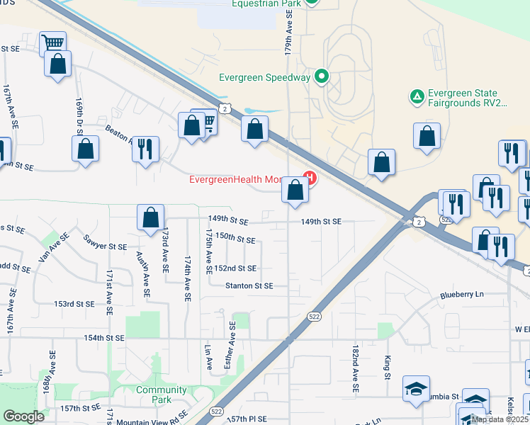 map of restaurants, bars, coffee shops, grocery stores, and more near 17788 147th Street Southeast in Monroe