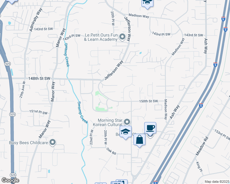 map of restaurants, bars, coffee shops, grocery stores, and more near 14817 Jefferson Way in Lynnwood