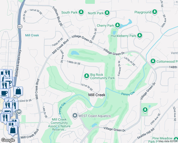map of restaurants, bars, coffee shops, grocery stores, and more near 2020 North Evergreen Street Southeast in Mill Creek