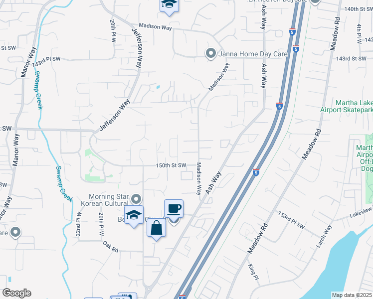 map of restaurants, bars, coffee shops, grocery stores, and more near 1611 148th Place Southwest in Lynnwood