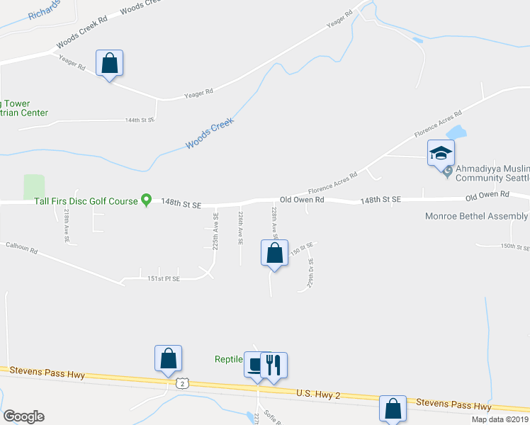 map of restaurants, bars, coffee shops, grocery stores, and more near 14818 228th Avenue Southeast in Monroe