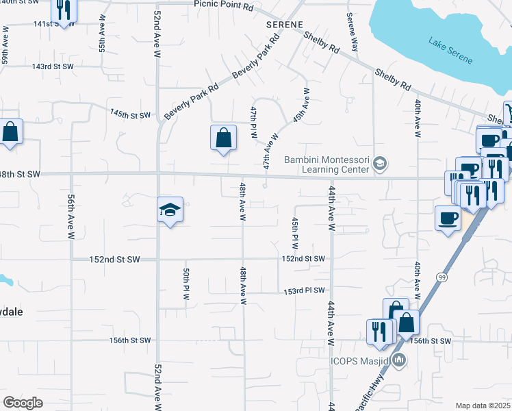map of restaurants, bars, coffee shops, grocery stores, and more near 14913 48th Avenue West in Edmonds