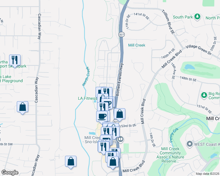 map of restaurants, bars, coffee shops, grocery stores, and more near 14806 9th Drive Southeast in Mill Creek
