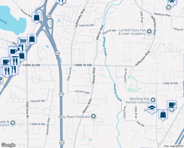 map of restaurants, bars, coffee shops, grocery stores, and more near 14906 Manor Way in Lynnwood