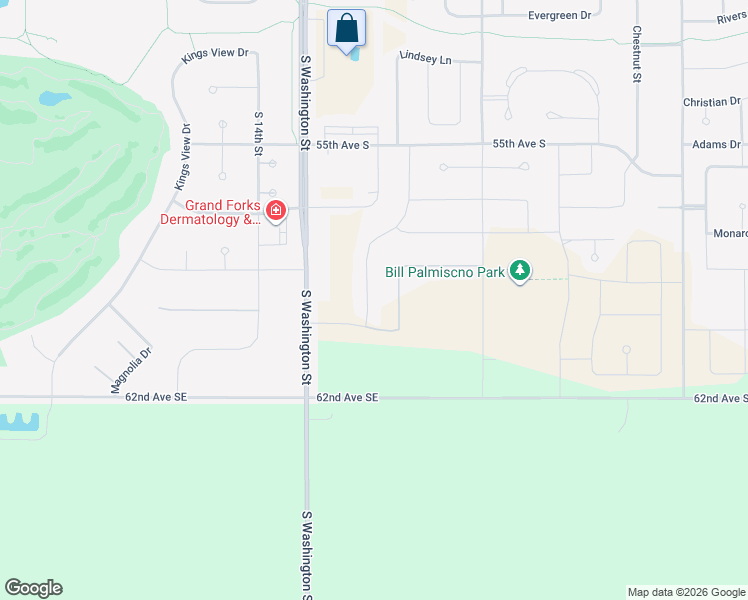 map of restaurants, bars, coffee shops, grocery stores, and more near 5750 South Washington Street in Grand Forks