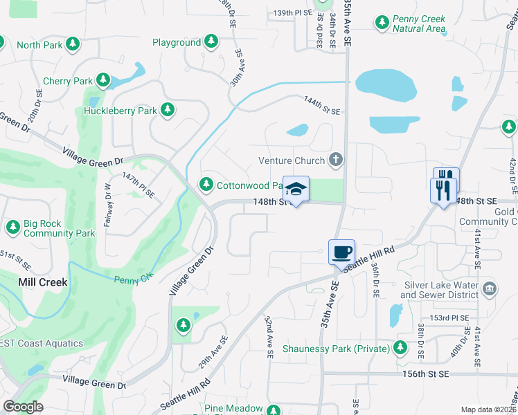 map of restaurants, bars, coffee shops, grocery stores, and more near in Mill Creek