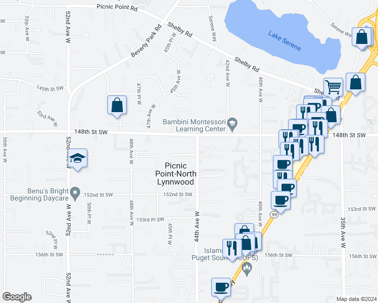 map of restaurants, bars, coffee shops, grocery stores, and more near 4417 149th Place Southwest in Lynnwood