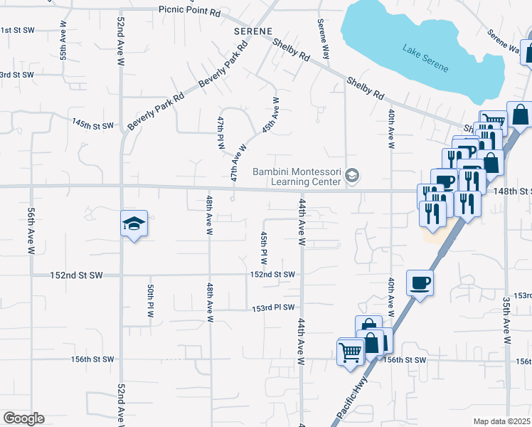 map of restaurants, bars, coffee shops, grocery stores, and more near 4519 149th Place Southwest in Lynnwood