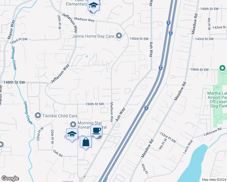 map of restaurants, bars, coffee shops, grocery stores, and more near 14821 Madison Way in Lynnwood