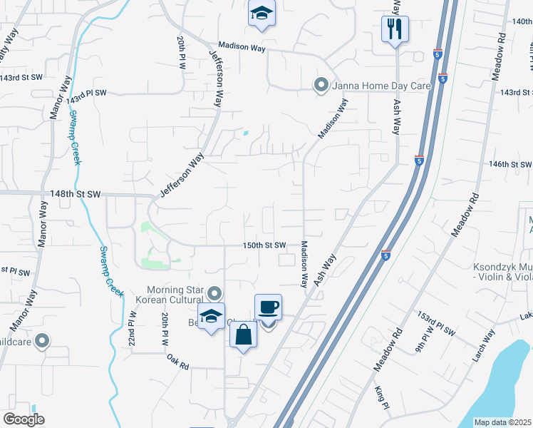 map of restaurants, bars, coffee shops, grocery stores, and more near 14802 16th Place West in Lynnwood
