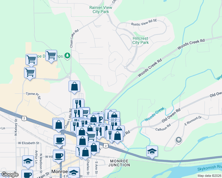 map of restaurants, bars, coffee shops, grocery stores, and more near 19960 Ravenwood Rd SE in Monroe