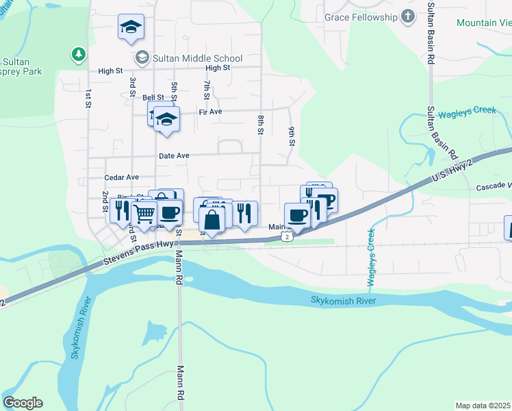 map of restaurants, bars, coffee shops, grocery stores, and more near 711 Alder Street in Sultan