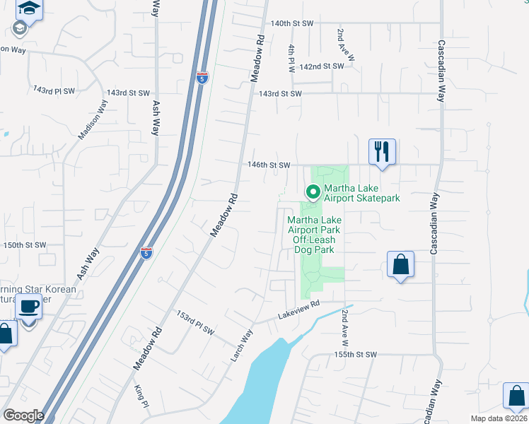 map of restaurants, bars, coffee shops, grocery stores, and more near 14808 Larch Way in Lynnwood