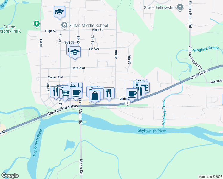 map of restaurants, bars, coffee shops, grocery stores, and more near 711 Alder St in Sultan