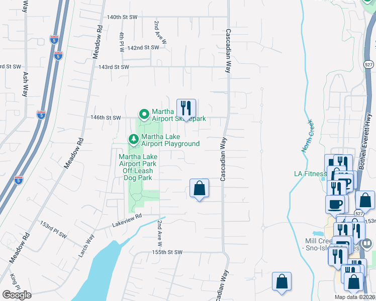 map of restaurants, bars, coffee shops, grocery stores, and more near 23 148th Place Southwest in Lynnwood