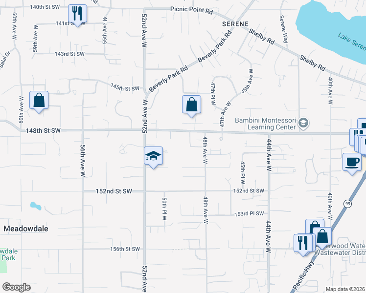 map of restaurants, bars, coffee shops, grocery stores, and more near 14808 48th Avenue West in Edmonds