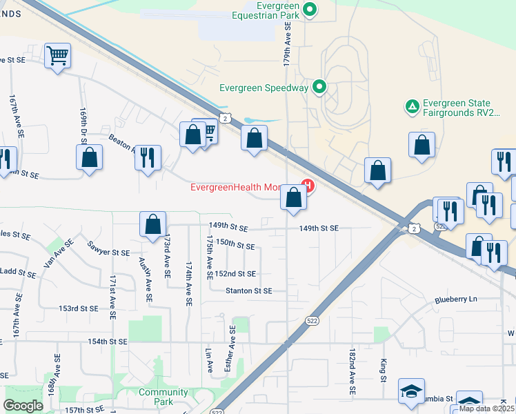 map of restaurants, bars, coffee shops, grocery stores, and more near 17788 147th Street Southeast in Monroe